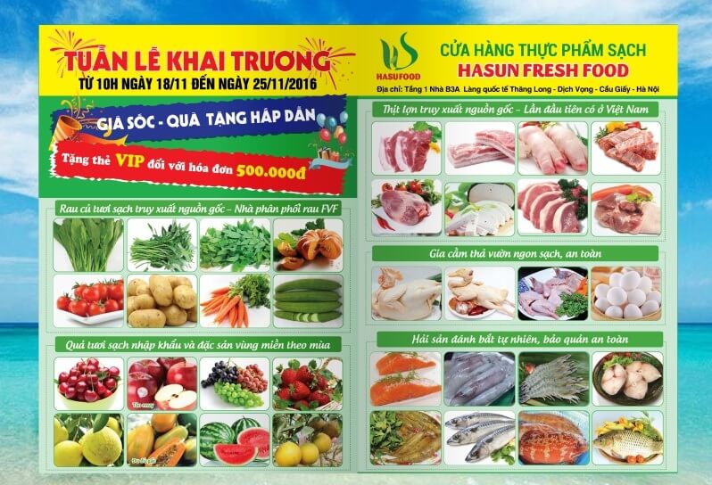 In tờ rơi quảng cáo khai trương cửa hàng thực phẩm sạch Hasun Fresh Food